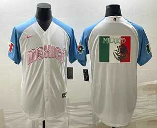 Men%27s Mexico Baseball Big Logo 2023 White Blue World Classic Stitched Jersey3